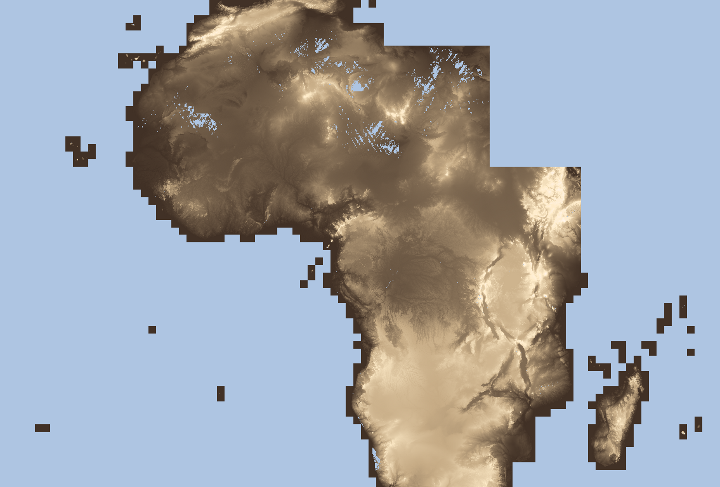 SRTM 1 Bogensekunden Daten Abdeckung von Afrika mit Darstellung der Lücken